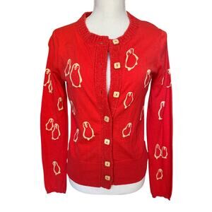 Anthropolgie Red Penguin Print Crewneck Cardigan Sweater